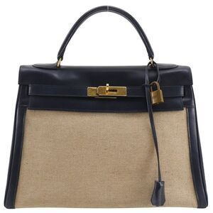 Hermes Kelly Black Box Calf With Gold Hardware Beige Canvas Handbag